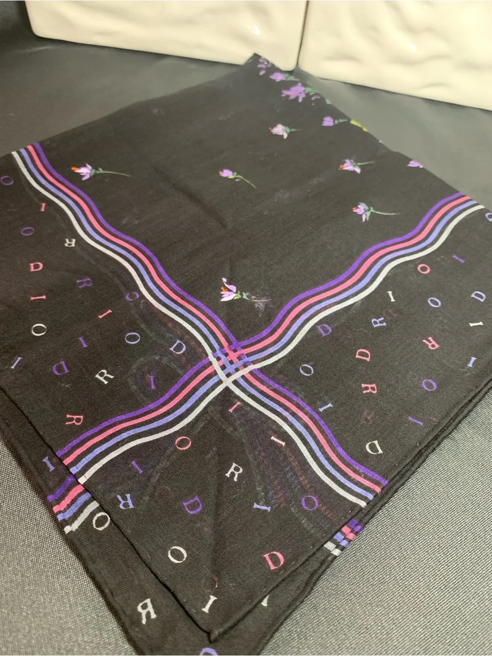 Christian Dior Floral Silk Scarf — Black with Purple & Pink Bouquet